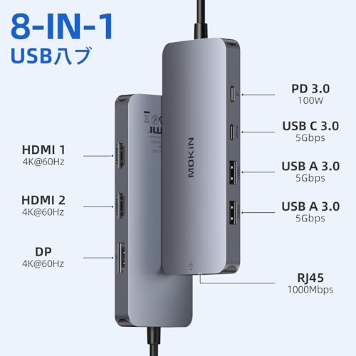 MOKiN USB C ドッキングステーシム 3 画面出力 トリプルモニター対応 HDMI 2 ポート 4K 対応 DisplayPort LAN 100W PD 充電 USB A/C 3.0 ポート マルチハブ Type-C ノート PC/MacBook 対応