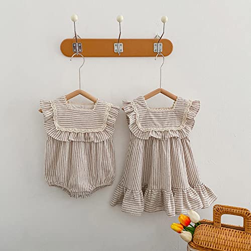 Ashmyova Toddler Girls Linen Summer Casual Dress Kids Vintage Ruffles Stripe Baby Rompers Dresses2