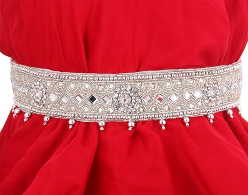KIH Women Traditional embroidery cloth Saree Waist Body Silver Belt stretchable Kamarpatta kamarband Saree (Adjustable Size 30-40 inches)3