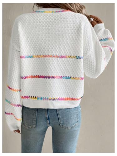 Verdusa Women's Striped Oversized Sweaters Vacation Drop Shoulder Pullover Rainbow Striped Sweater2