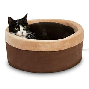 K&H Pet Products Thermo-Kitty Bed Heated Cat Bed for Indoor Cats , Electric Warming Bed for Cats and Small Dogs, Washable Thermal Plush Calming Round Pet Bed – Small 16″ Mocha/Tan