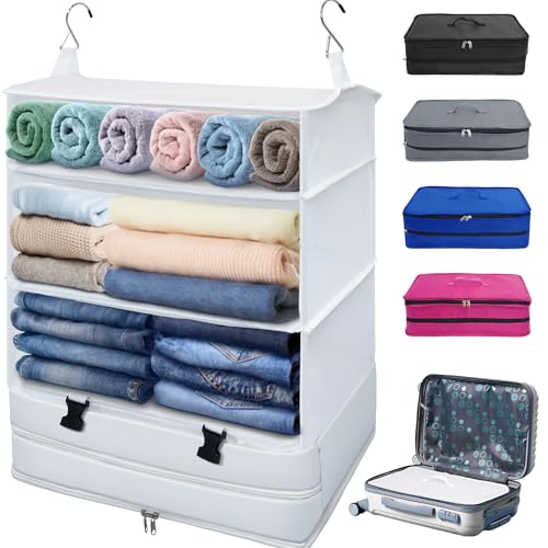 Portable Hanging Travel Shelves Bag, Travel Packing Cube Organizer, X-Large Capacity Carry-On Closet, Foldable Suitcase Storage with 4 Compartments (White) X-Large-18.5X12.6X25IN White/XL