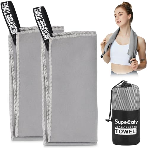 2 Pack Quick Drying Gym Towel 40 x 80CM Soft Microfiber Lightweight Sport Sweat Towel Perfect Travel Camping Towel Super Absorbent Ultra Compact for Gym Sport Yoga Backpacking Beach Swimming Gray
