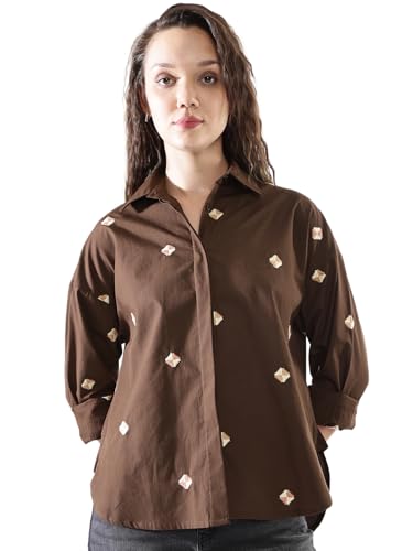 Image of High Star Women Embroidered Oversized Spread Collar Long Sleeves Cotton Shirts