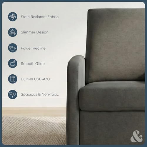 Image of Nurture& The Porto Power Glider Recliner for Nursery | Modern Glider Chair with Power Recline | Built - in USB Charging Port | Space-Saving Design for Small Nurseries and Shared Spaces, Charcoal