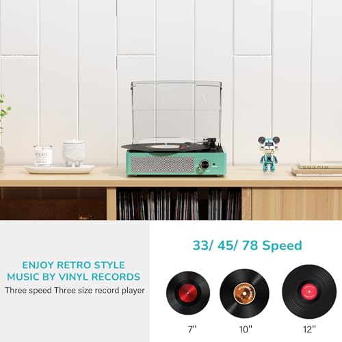 Image of Record Player for Vinyl with 2 Build-in Speakers LP Vinyl Players Belt-Driven Vintage Turntables 3 Speed 3 Size, Wireless Bluetooth Playback, AUX-in, RCA Out, Headphone, Auto Stop,Water Blue
