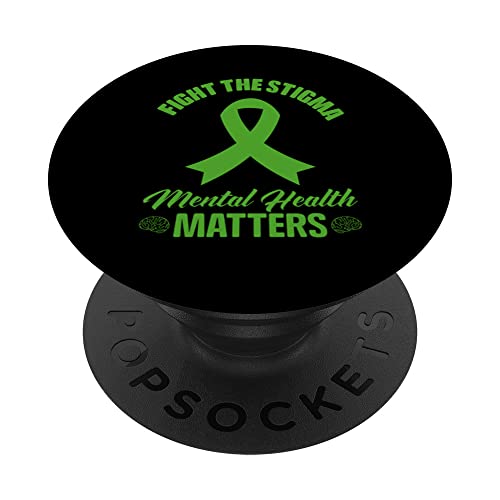 Green Ribbon Fight The Stigma Mental Health Awareness PopSockets Swappable PopGrip, Black