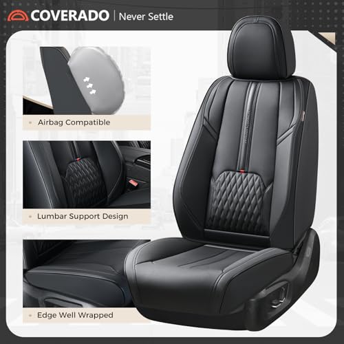 Image of Coverado Car Seat Covers Full Set, Leather Seat Cover for Car with Lumbar Support, Black Seat Covers for Front and Back, Waterproof Car Seat Protector Car Seat Cushion Universal Fit for Most Vehicles