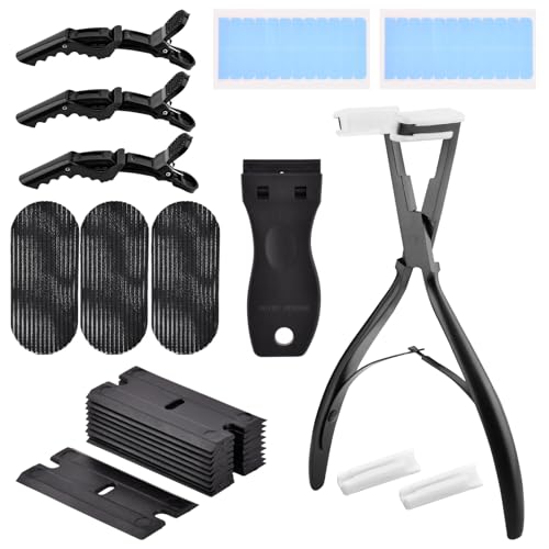 Tape in Hair Extension Tools Kit Flat Surface Stainless Steel Plier Remover Scraper Clips Hair Extension Tape Styling Tools (Black)