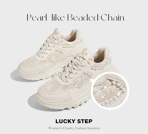 LUCKY STEP Chunky Sneakers for Women Fashion Platform Lace Pearl-Like Beaded Chain Classic Dad Casual Platform Walking Shoes4