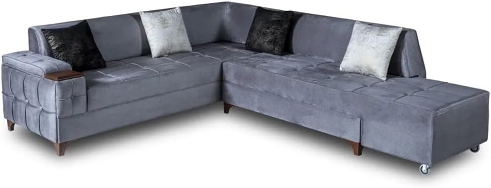 Sectional Sofa Chaise Grey Fabric Wooden Cushion Couch Tufted Seat Pillows Waterproof