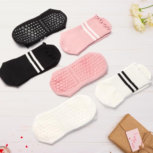 Image of 3 Pairs Yoga Socks with Grips, Non Slip Ruffle Pilates Socks Frilly Crew Socks for Barre Barefoot Workout Hospita