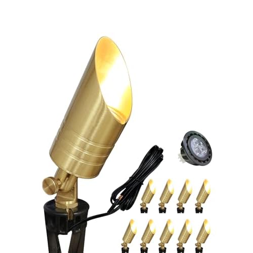 MALORY Brass Landscape Spotlight,12V AC/DC Low Voltage LED Landscape Lighting,Waterproof Spot Up Light for Garden,Patio and Yard (10-Pack with Bulb)