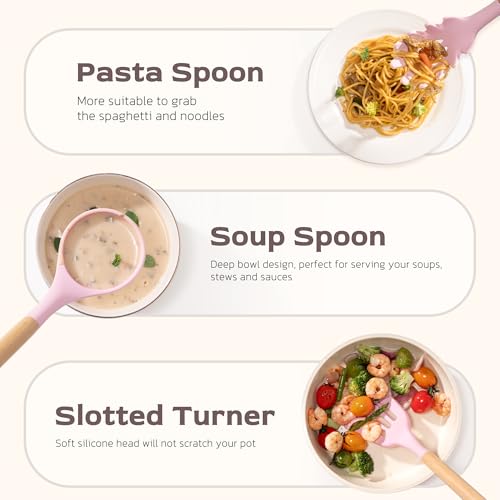 Image of Astercook Kitchen Utensils set, 39 PCS Silicone Cooking Utensils Set with Wooden Handle, 446F Heat Resistant Food Grade Utensil Sets, BPA Free Kitchen Gadgets Tools Set for Nonstick Cookware (Pink)