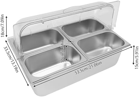Countertop Ice Food Serving Display Container - Stainless Steel Buffet Condiment Dispenser with Clear Roll Top Cover, Includes 4 Pans, 4 Clamps, 4 Spoons for Salad Dressings and Appetizers