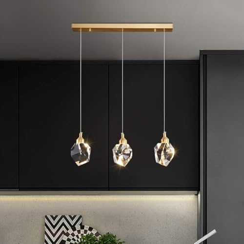 Lámpara Colgante de Techo de Cristal, Acabado en latón Dorado, LED, Compatible con Cocina, Isla, Comedor, Sala de Estar, Dormitorio y candelabro (Cobre, 3 Luces).