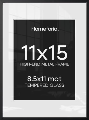 Image of Homeforia Black 11x15 Picture Frame, High End Metal 11x15 Poster Frames with Mat 8.5x11, 11 x 15 Black Frames Matted to 8.5 x 11 inch Photo, 11 by 15 Hanging Frames, Tempered Glass, Wall Kit, Set of 1