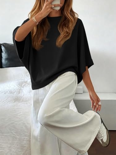 Image of Tankaneo Womens Oversized Batwing Short Sleeve T Shirts Summer Casual Round Neck Tunic Tops Loose Fit Basic Tees