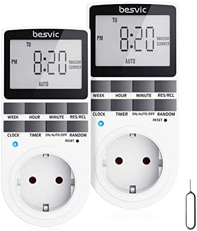 Besvic Cyfrowy programator czasowy, gniazdko elektryczne, 3680 W, timer, z 10 codziennymi, konfigurowalnymi programami, ekranem LCD i losowym trybem antykradzieżowym, do użytku wewnątrz, 2 sztuki