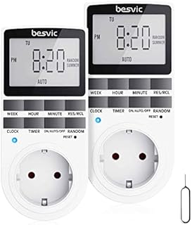 Besvic Cyfrowy programator czasowy, gniazdko elektryczne, 3680 W, timer, z 10 codziennymi, konfigurowalnymi programami, ekranem LCD i losowym trybem antykradzieżowym, do użytku wewnątrz, 2 sztuki