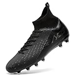  Mokayu Chaussures de Football Homme Haute Bande Spike Crampons Profession Chaussures de Foot Adultes Athlétisme Entrainement Chaussures de Sport Noir Gris EU 43