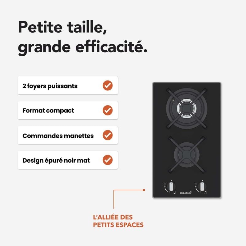 BELDEKO Plaque Gaz 2 Feux 5200W Noir Mat Grilles Fonte - Marque Française