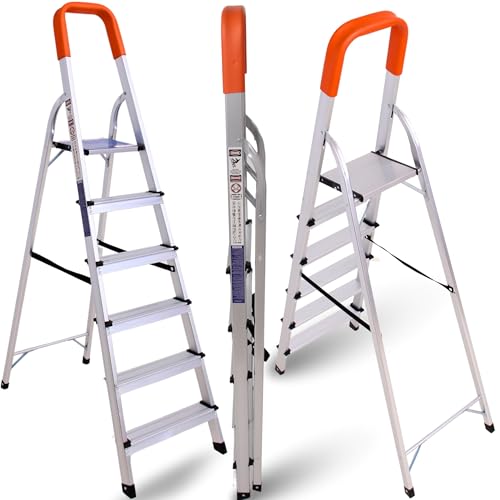 Lightweight Step Ladders 6 Step 67.75 (167 cm) 330.6 lbs (150 kg) Max Load Non-Slip Wide Steps Foldable Heavy Duty Aluminium Tall Folding Ladder - Compact& Portable