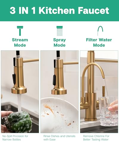 Image of GIMILI 3 in 1 Kitchen Faucet with Pull Down Sprayer Brushed Gold Two Handle Kitchen Sink Faucet with Under Sink Water Filter System Reduces PFAS, PFOA /PFOS, Lead, Chlorine, Bad Taste & Odor