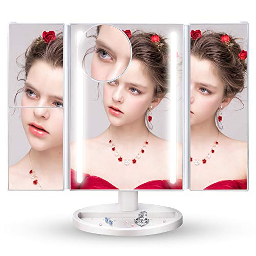 Makeup Mirror Vanity Mirror, Portable Tri Fold Makeup Mirror, 2x/3x/10x Magnification,180° Adjustable Rotation, and USB Charging/Battery Operated Countertop Cosmetic Mirror (White)