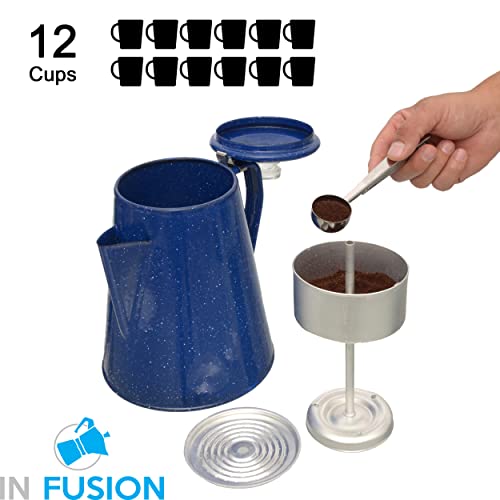 Camping Coffee Percolator - Enamel Coating Gloss Finish And Glass Cap For Backpacking, Campsite, Kitchen And Firecoffee Pot Makes 12 Cups - Comes With Basket For Grounds And Stainless Steel Spoon #TOP3