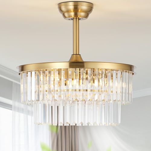 Image of 20 inch Brass Crystal Fandelier Ceiling Fans with Lights, Caged Brass Crystal Chandelier Ceiling Fan with Light Remote Control with 6 Speeds for Bedroom, Nursery, Living Room