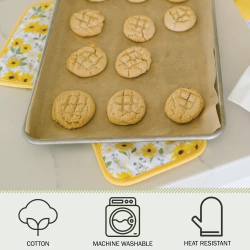 Sage+Stitch Heat Resistant Designer Pot Holders With Hand Pockets And Hanging Loops | Set Of 2 100% Cotton Dual Function Kitchen Pot Holders And Trivets | 7'' X 9'' | Sun Flowers #TOP2