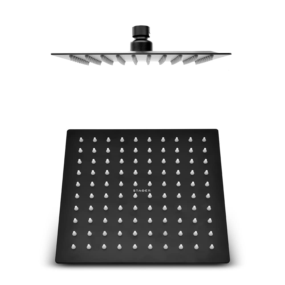 Soffione doccia con braccio a parete nero opaco, acciaio INOX, anticalcare (25x25 cm, Quadrato)