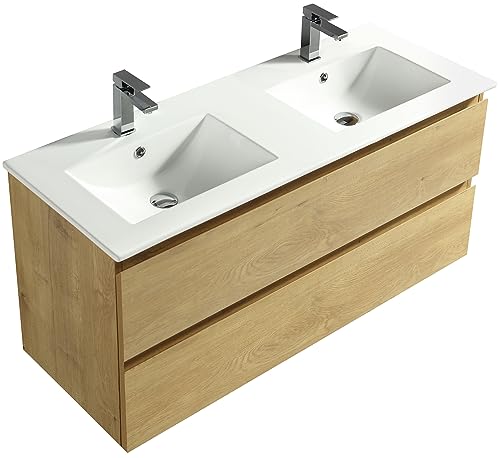 Alpenberger Doppelwaschtisch mit Unterschrank | Doppelwaschbecken Doppelspüle Doppelspülbecken | Waschbeckenunterschrank 120 cm Breit 2 Becken | Badezimmer Waschtisch Eiche | Waschbecken XXL