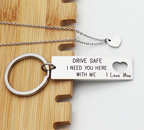 Ankiyabe Drive Safe Keychain Drive Safe I Need You Here With Me Keyring Boyfriend Gift Trucker Gift New Driver Keychain (Drive Safe I Need You Here With Me I Love You & Heart Necklace) #TOP2