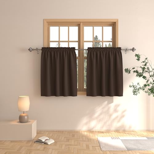 Tier Curtains Blackout Coffee Brown 30 inch Room Darkening Kitchen Window Curtains Over Sink Bathroom Basement Triple Weave Short Small Cafe Curtains Half Window Treatment Set 2 Panels Rod Pocket
