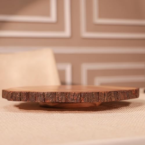 Image of Vriksha Lazy Susan Acacia Wood with Bark Edge | Rotating Serving Platter for Cheese Snacks Desserts | Round Wooden Turntable for Dining