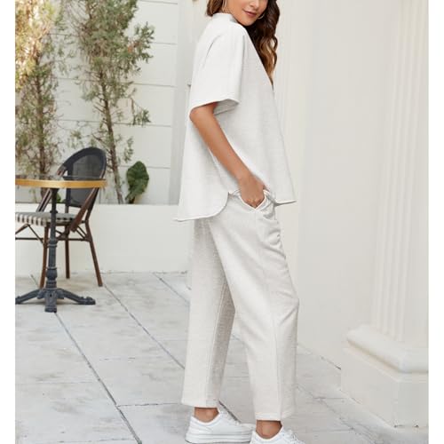 Songling 2 Piece Sets For Women Short Sleeve Pullover Tops and Wide Leg Pants Travel Lounge Matching Set With Pockets3
