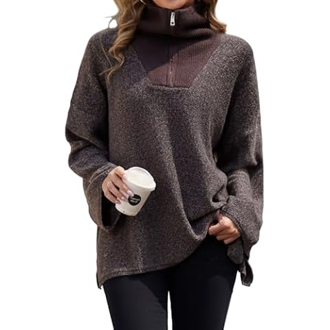 Zilcremo Women's Quarter Zip Oversized Sweaters Long Sleeve Loose Knitted Pullover Sweater Tops 2024 Fall Outfits Coffee L Cover