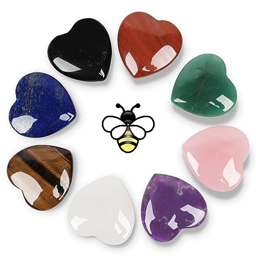 NatureWonders 8 Crystal Hearts 1.4" (Booklet, Pouch, Gift Box) Chakra Stone, Healing Crystal, Palm Thumb Stone, Powerful & Popular, All Natural, Finished with Beeswax, Meditation, Energy Healing Reiki
