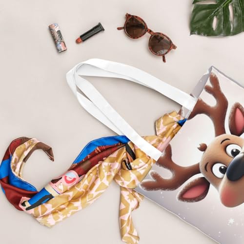 Canvas Tote Bag Aesthetic for Women Cute Xmas Reindeer Shopping Bags Large Tote Shoulder Bag Reusable Grocery Bags Hobo Bags Casual Handbags Cute Cloth Bags Birthday Gifts4