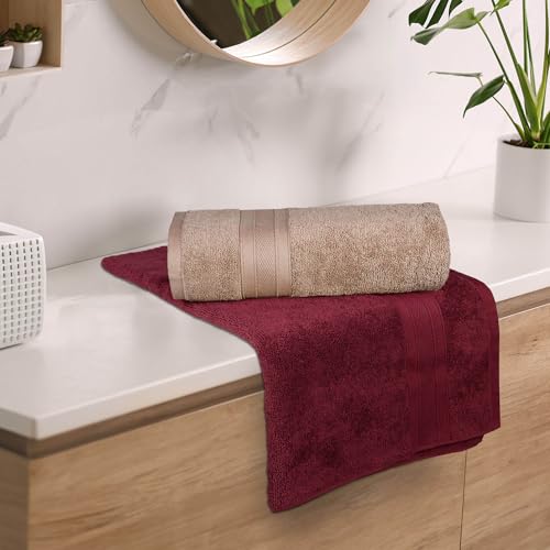 Image of MYTRIDENT Soft Comfort Air Rich 100% Cotton Towels for Bath, 500 GSM Large Size Bathroom Towels for Men /Women, 2PC Bath (69 cm x 137 cm), Acorn and Wine Red
