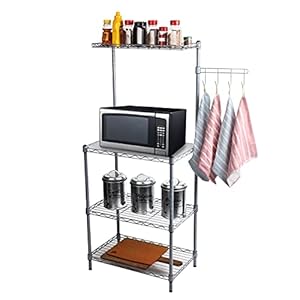 Mind Reader Alloy Collection, 3-Tier Industrial Microwave Stand with Utility Shelf and Drying Hooks, Metal, 21.26″L x 13.39″W x 49.49″H, Silver