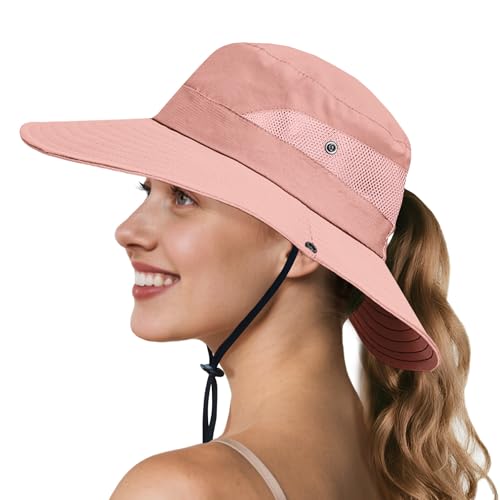 Image of NPQQUAN Ponytail Sun Hats for Women UPF 50+ Wide Visor UV Protection Packable Hat for Beach Hiking Gardening