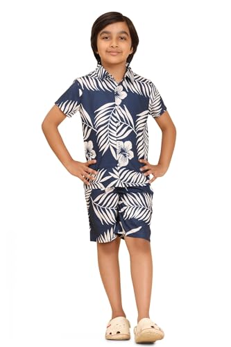 Image of Boys Casual Hawaiian Shirts and Short Sets Casual Printed Kids Co-ords Set (KSS1 Navy White 12 14Y)