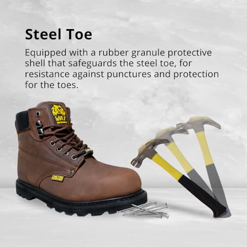 Wolf Work Boot | 100% Genuine Upper Leather | Oil, Impact, Abrasion Resistant | Electrical Hazards | Non-Slip Rubber Sole | Steel Toe | Padded Collar | Construction | Industrial PPE3