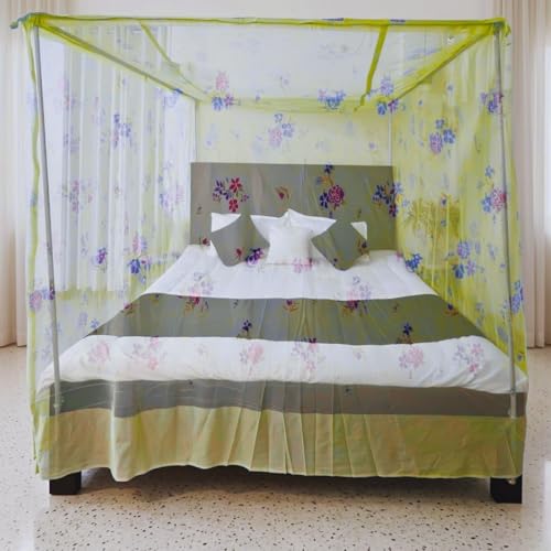 Image of Mosquito Net for King Size Bed - Foldable Square Mosquito Net Double Bed | Mosquito Net for Queen Size Bed | Floral Printed with Base Cloth Mosquitoes Net Sukun Wali Neend (6.5 x 6.5ft, Yellow)