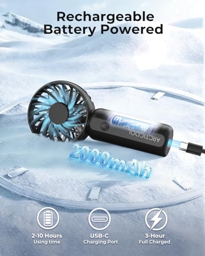 Image of ARCTICOOL Portable Mini Fan - Rechargeable Hand Fan with 3 Adjustable Speeds, 2000mAh Battery, Lightweight Design, Low Noise, and Easy Portability for Indoor and Outdoor Use (Deep Black)
