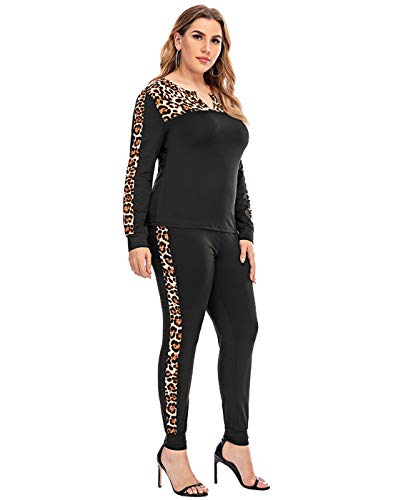 PYL Women's Casual Two Piece Outfits, Leopard Print Tracksuit Pullover Long Jogger Pant Set Sport Sweatsuit Black