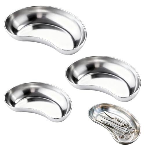 Wonuante Chirurgische Nierenschale, 3Stk Nierenschale Curved Trays, Edelstahl Medizinisches, Trays Laborschalen, Wiederverwendbare Tabletts für Aufbewahrung (S M L (Vertieft))